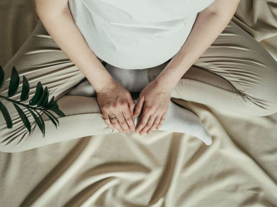 Pregnant woman holds green sprout plant near her belly.