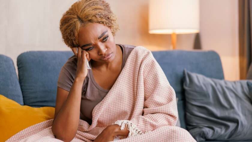 Woman having premenstrual syndrome hormonal imbalans anxiety and depression