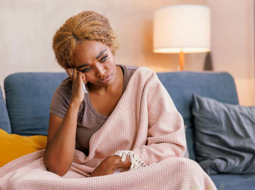 Woman having premenstrual syndrome hormonal imbalans anxiety and depression