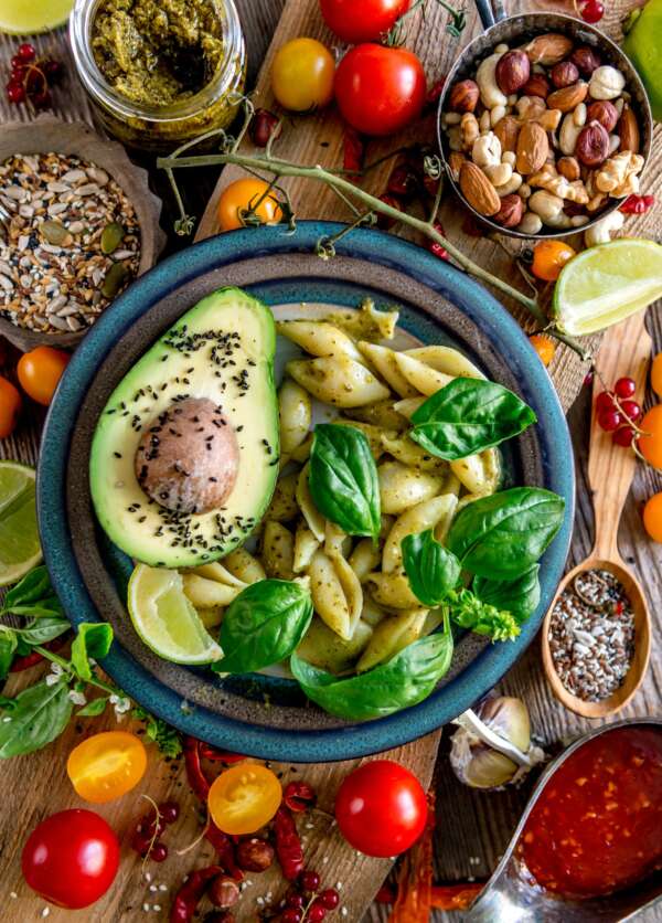 Vegetarian food. pasta with pesto sauce